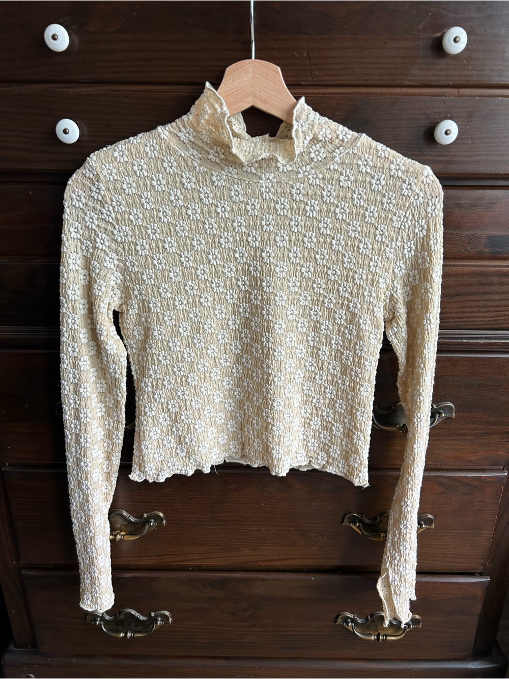 Carly Jean Women's Cream Textured Long-Sleeve Mock Neck Top